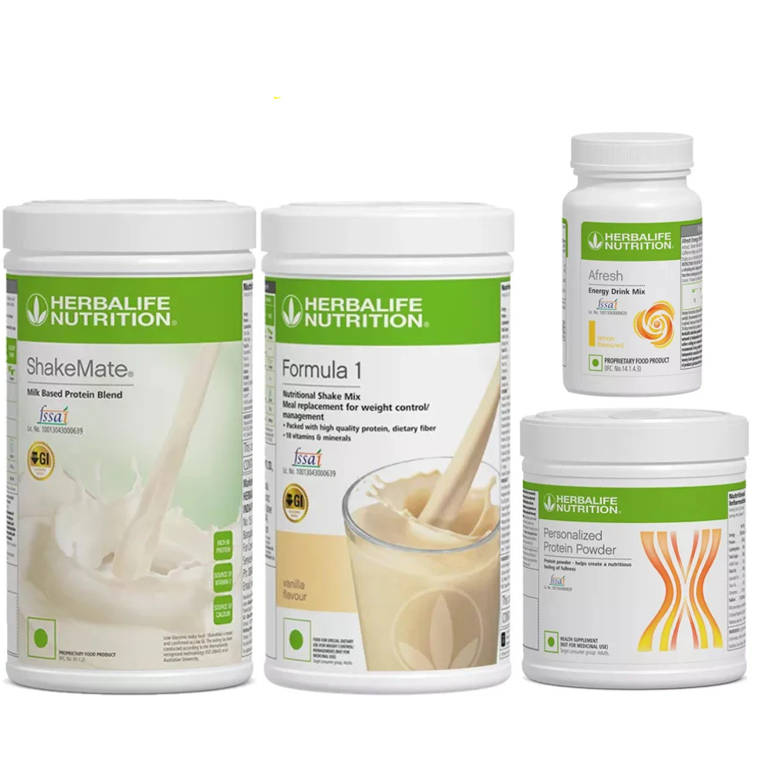 Herbalife Formula 1 Vanilla Nutritional Shake, Shakemate, 200g Protein Powder, and Afresh lemon